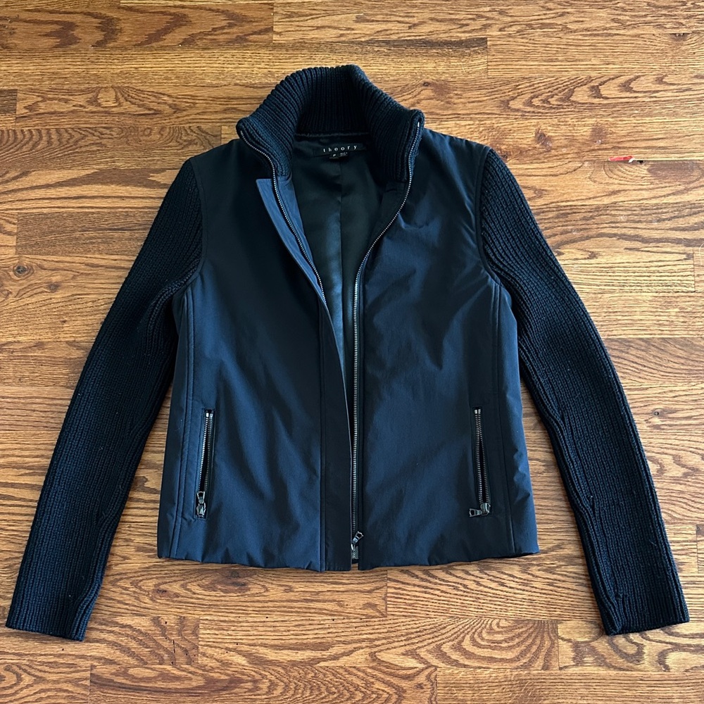 Theory Black Microfiber w/Sweater Knit Sleeves Zip Up Fitted Jacket- Sz: Petite